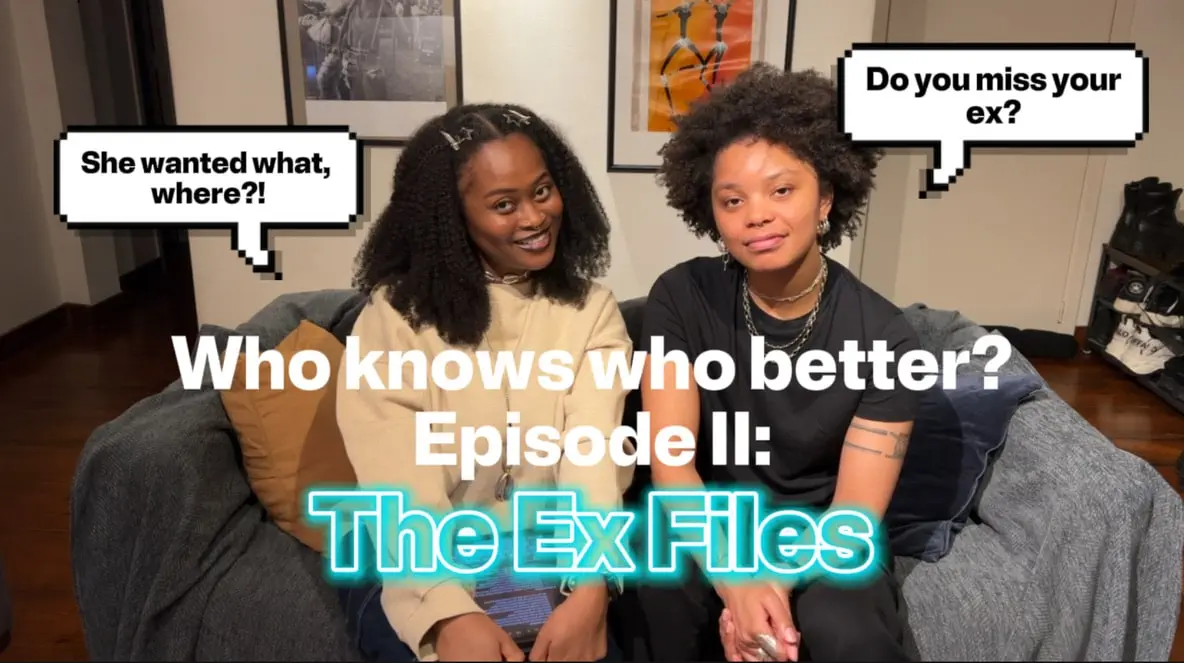 Two women with natural hair sitting on a gray couch. Speech bubbles show 
